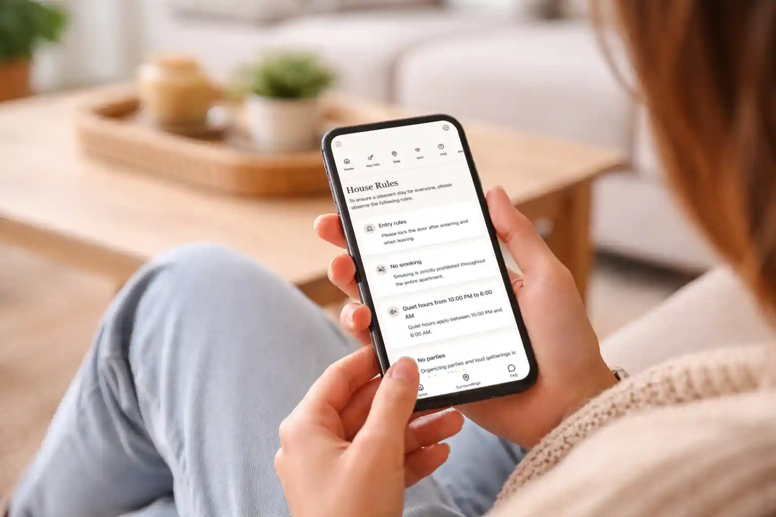 Guest reading house rules on a phone